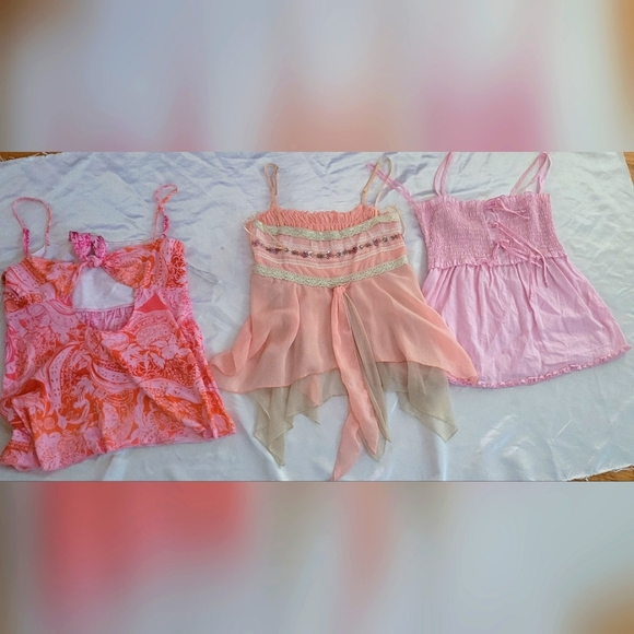 Roxy Tops - Y2K 3 Fairy Grunge Hime Gyaru inspired Cami Tops, ROXY,Pink Floaty String Straps